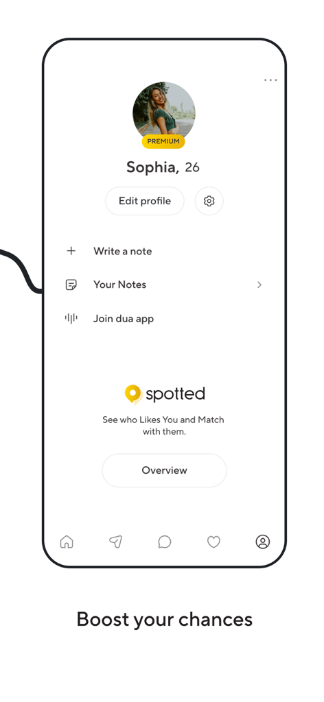 Spotted - Local Dating App - User profile screen in the Spotted dating app showing a premium account dashboard