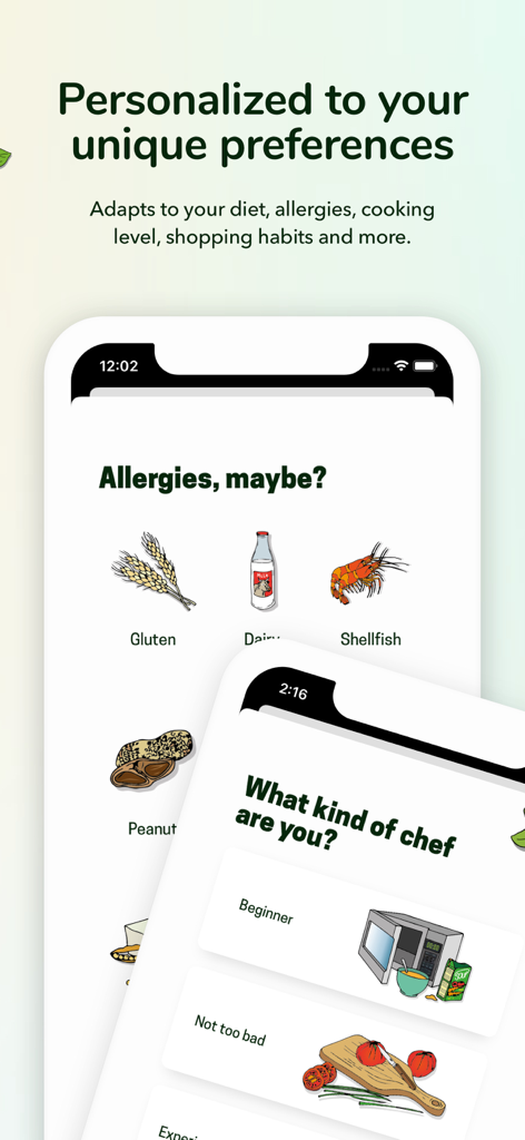 Recipe Keeper & Planner - Kuri - Interface de l'application Kuri montrant des écrans pour sélectionner les allergies alimentaires et les niveaux de compétence culinaire afin de personnaliser les recommandations de recettes