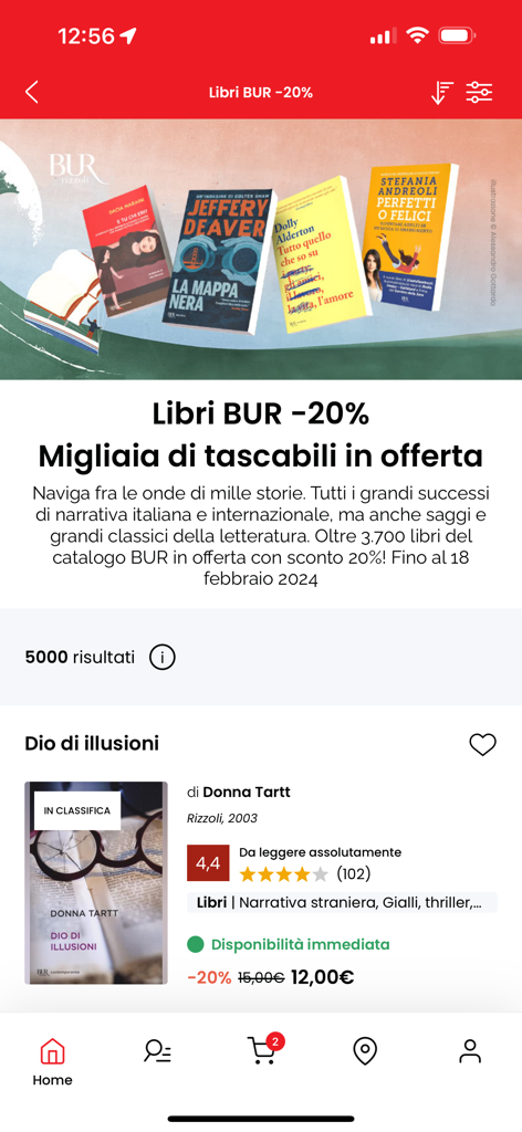 Feltrinelliアプリのインターフェース。BURペーパーバック書籍の20パーセント割引が表示されています。