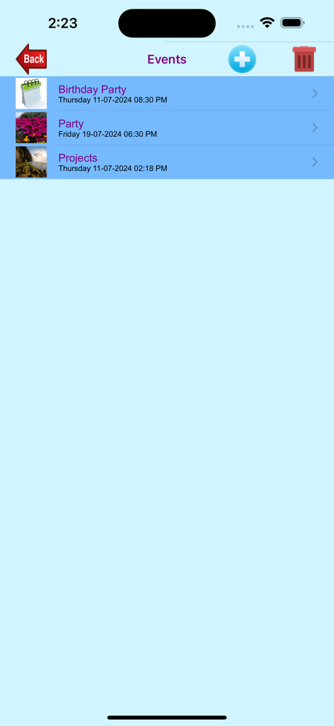 Event Manager - イベントマネージャーアプリのスケジュールされたイベントのリストビュー。誕生日パーティーやプロジェクトアイテムが含まれています。