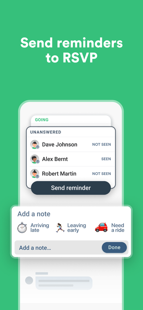 Heja - Heja app interface showing a list of unanswered team members with options to send reminders and add availability notes