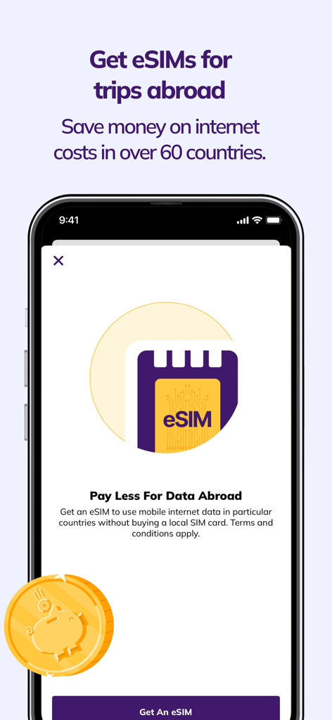 Kuda - Free transfer & payment - Kuda app screen showing eSIM feature for travel data abroad