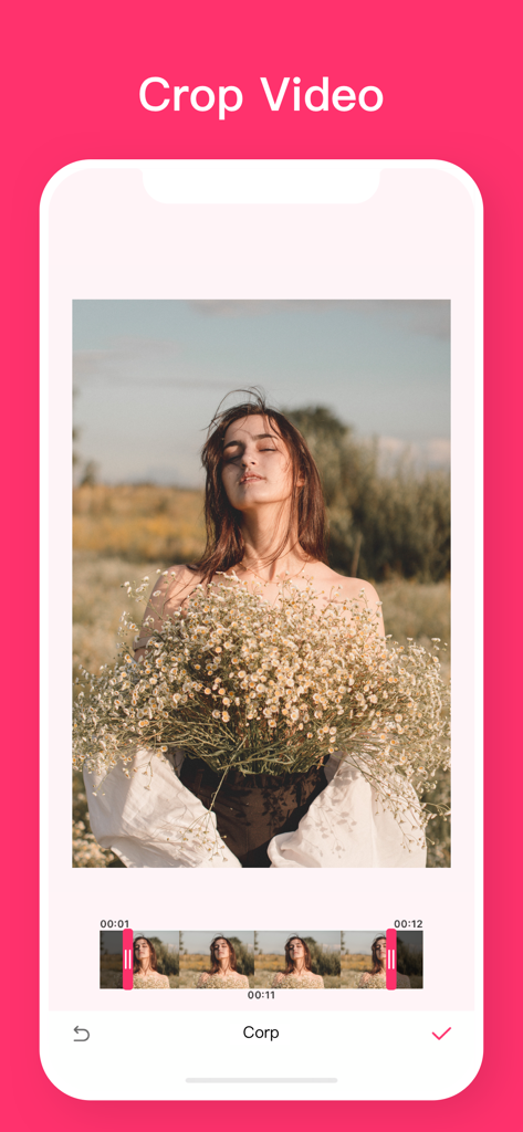 Video Collage App - VidGridアプリのインターフェース。タイムラインエディターを備えたビデオクロップツールが表示されている。