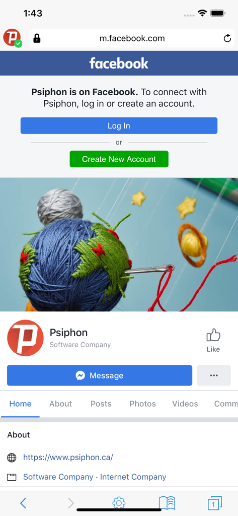 Psiphon Browser - Screenshot of Psiphon Browser displaying the official Psiphon Facebook page on a mobile device