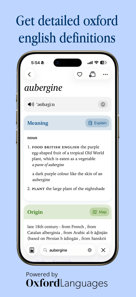 LookUp: English Dictionary - LookUp app interface displaying the Oxford English definition and etymology for the word aubergine