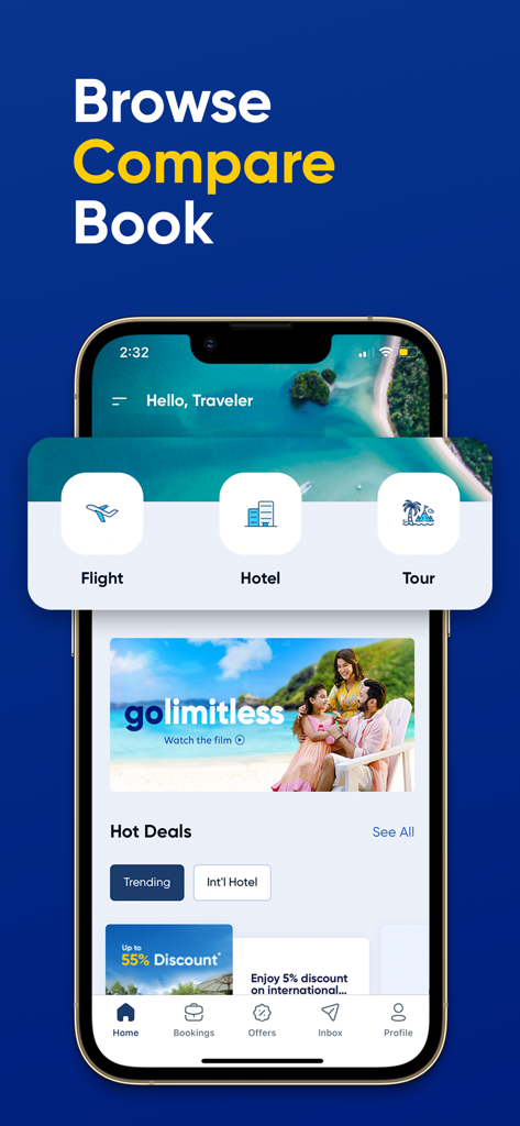 GoZayaan - GoZayaan travel app home screen displaying flight hotel and tour booking options