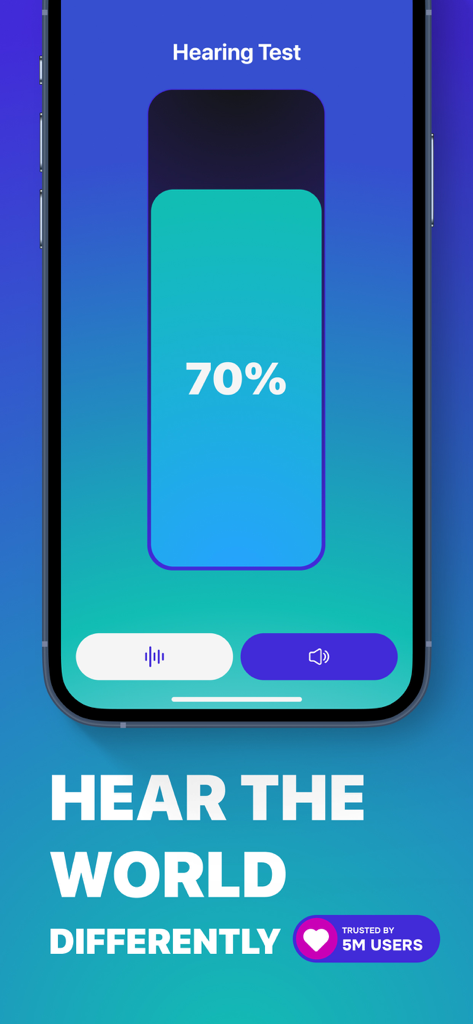iPhone screen showing a hearing test progress at 70 percent with the slogan Hear the world differently