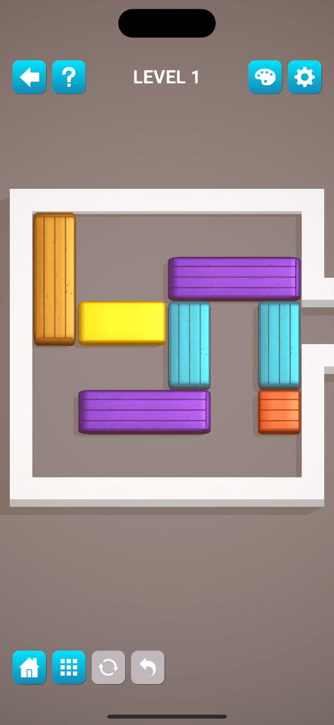 Puzzledom 3D - A minimalist 3D sliding block puzzle interface from the Puzzledom 3D app showing level 1