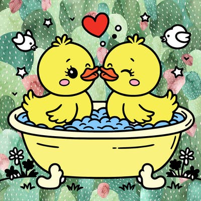 two baby ducks kissing in a bathtub