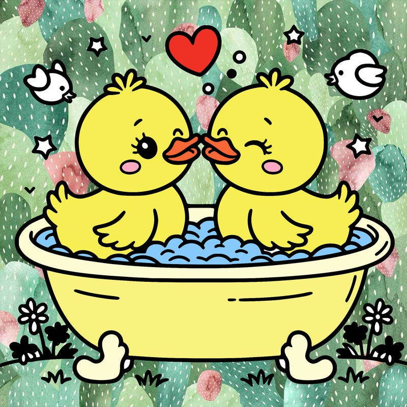 two baby ducks kissing in a bathtub