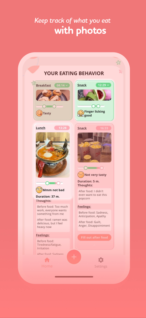 I feel food - mindful eating - Interfaz de la aplicación I feel food que muestra un diario de alimentos personalizado con fotos, horarios de comida y seguimiento del estado de ánimo