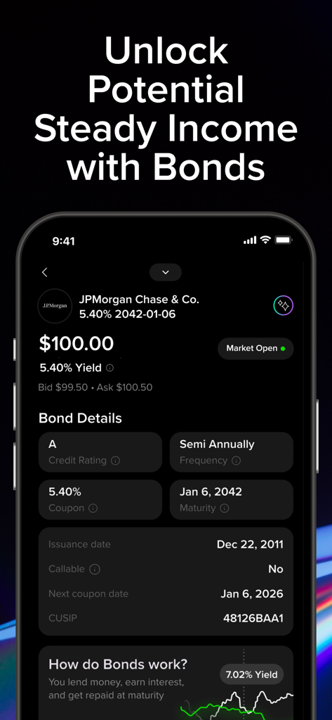 Mobile screen of the baraka app showing bond details for JPMorgan Chase including yield and maturity information