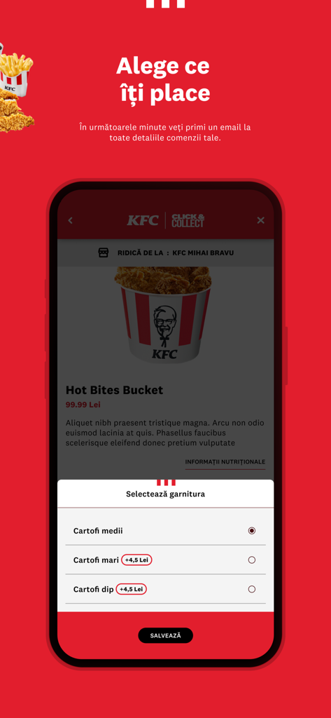 KFC Romania mobile app interface showing a Hot Bites Bucket menu item with a popup menu to select a side dish like fries.