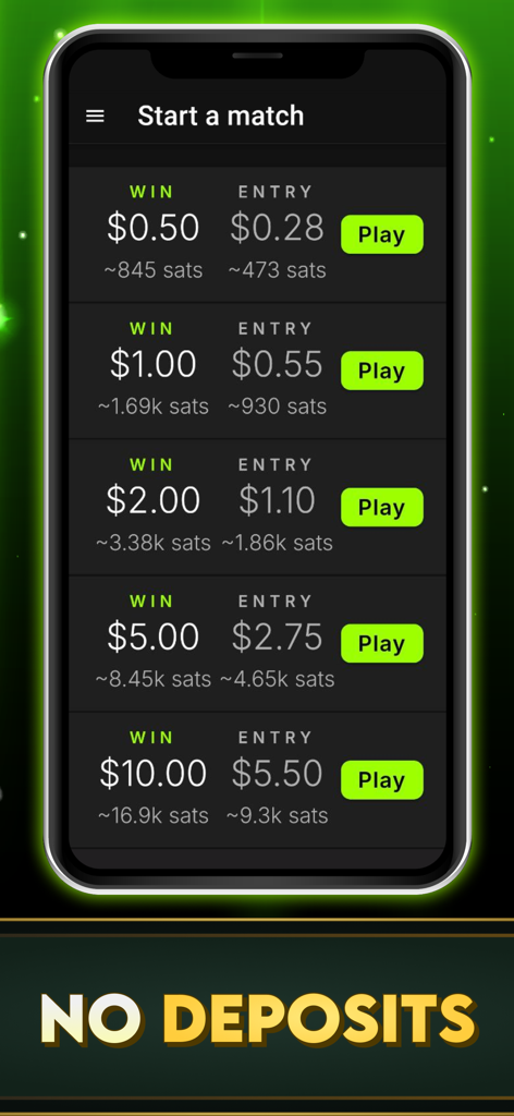 Mobile app screen showing various competitive match options with win amounts and entry fees in dollars and Bitcoin satoshis