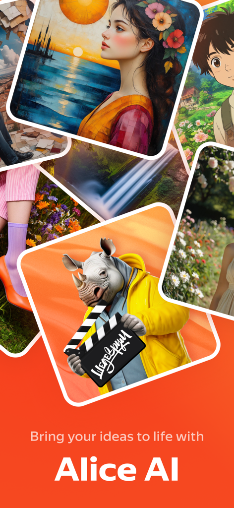 Shedevrum - Interface do aplicativo Shedevrum mostrando vários estilos de arte digital gerada por IA e personagens usando Alice AI