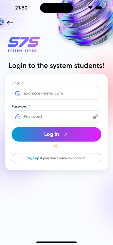 S7S System Seven - Login screen of the S7S System Seven mobile app for digital entrepreneurs