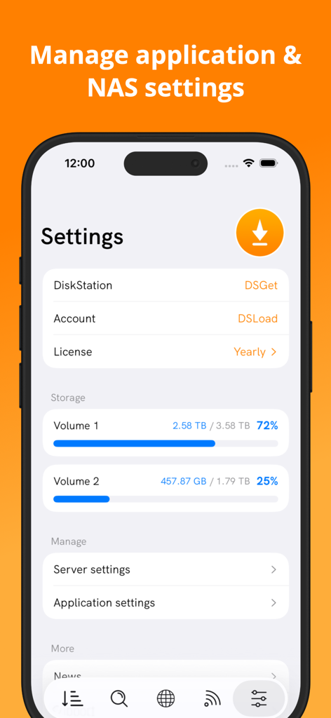 DSLoad Station settings interface showing NAS storage usage and account options
