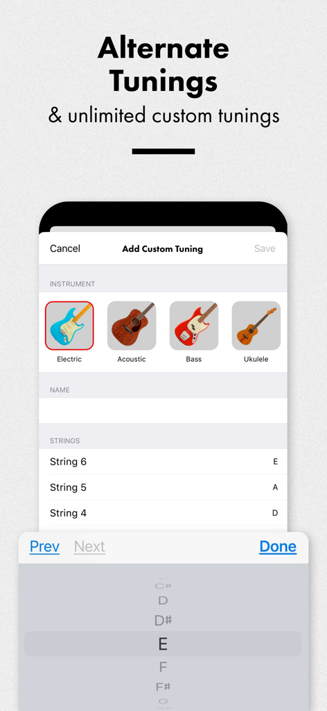 Fender Tune app interface showing options to add custom and alternate tunings for electric guitar, acoustic guitar, bass, and ukulele.