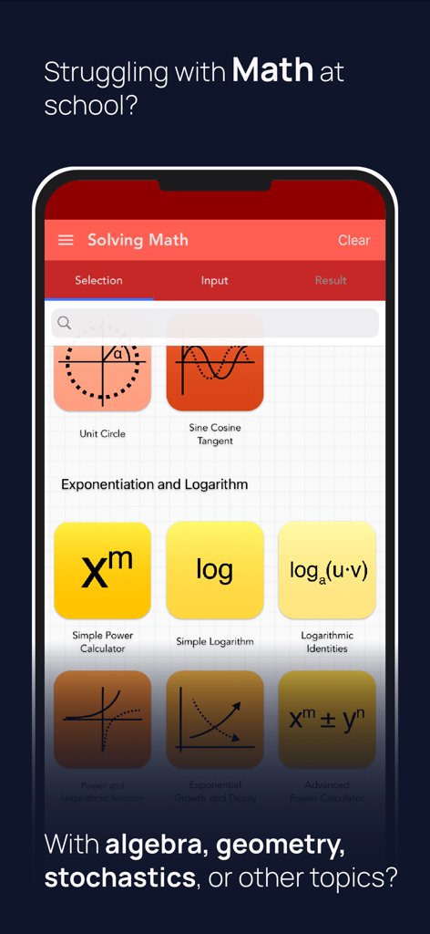 Mobile app interface showing math topics selection including trigonometry and logarithms for students.