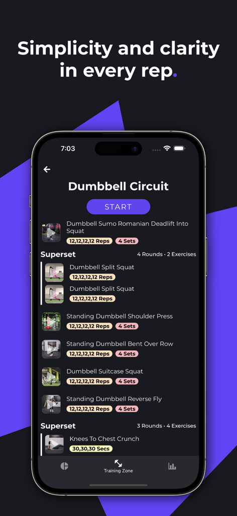 MyARC Fitness app displaying a dumbbell circuit workout routine with exercise sets and reps