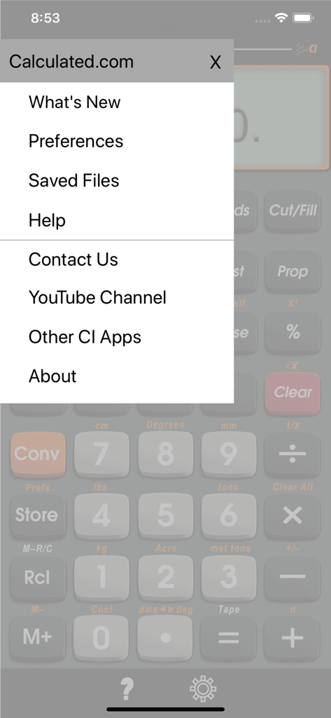 HeavyCalc Pro - Superposition du menu dans l'application HeavyCalc Pro montrant l'aide des paramètres et les fichiers enregistrés