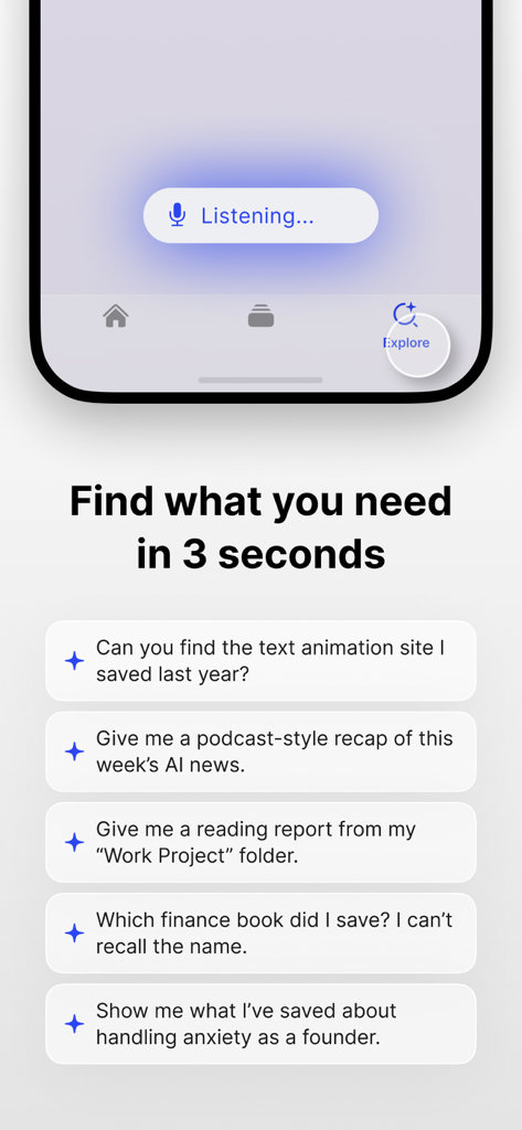 Cubox app interface showing the voice search feature with example queries for retrieving saved content using natural language AI.