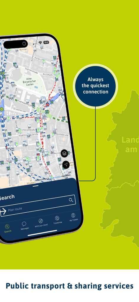 Interfaz de la MVV-App que muestra un mapa en vivo de transporte público y servicios de movilidad compartida en Múnich