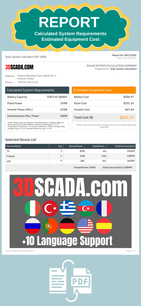 A detailed solar system calculation report from the app showing equipment costs and required battery capacity.