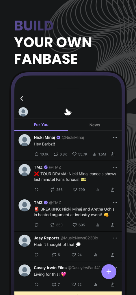 StageStar - A simulated social media feed in the StageStar app featuring celebrity news posts and fan comments