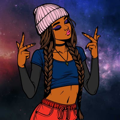 realistic teenage girl with braids and a beanie and crop top doing 🫶🏼