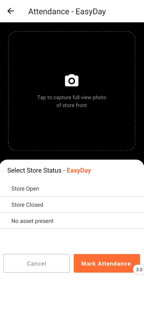 ShelfWatch - The attendance screen of the ShelfWatch app for capturing a storefront photo and selecting the status of the store.