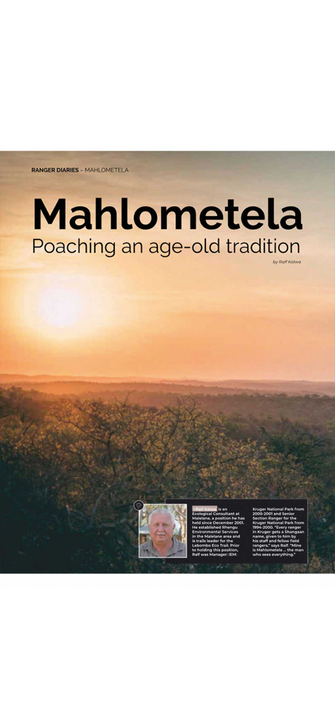 Kruger Magazine - An article page from Kruger Magazine titled Mahlometela: Poaching an age-old tradition, featuring a sunset over the savanna and a profile of ranger Ralf Kalwa.