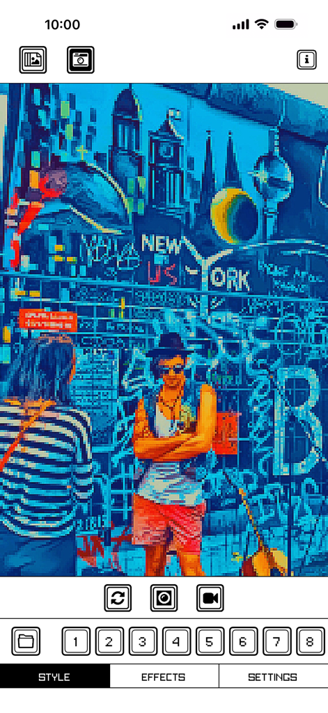 Una escena callejera con grafitis y una persona transformada en estilo de pixel art retro de 16 bits