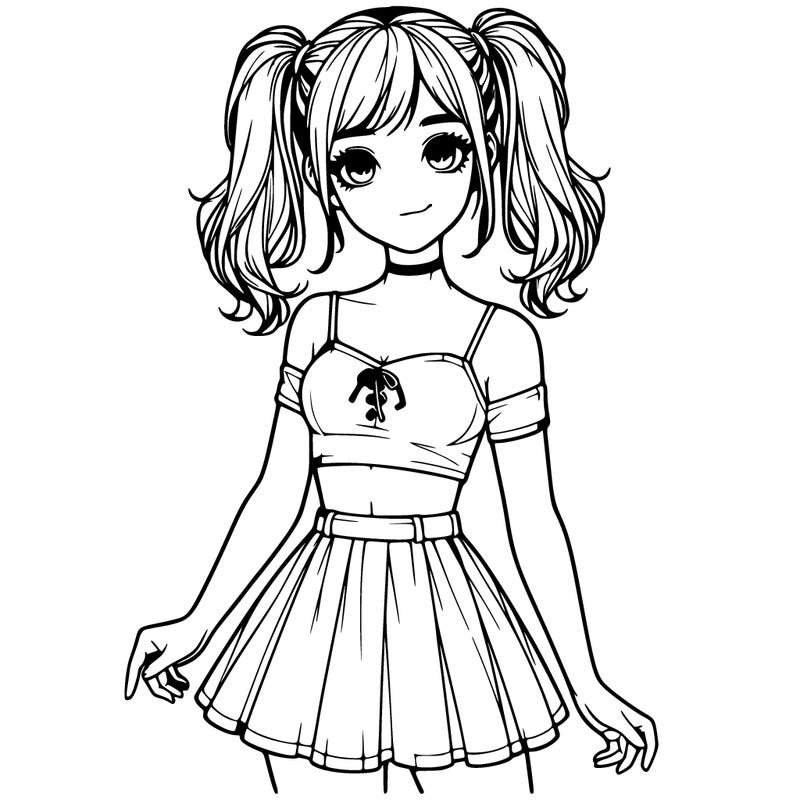 realistic girl in a skirt crop top and pigtails