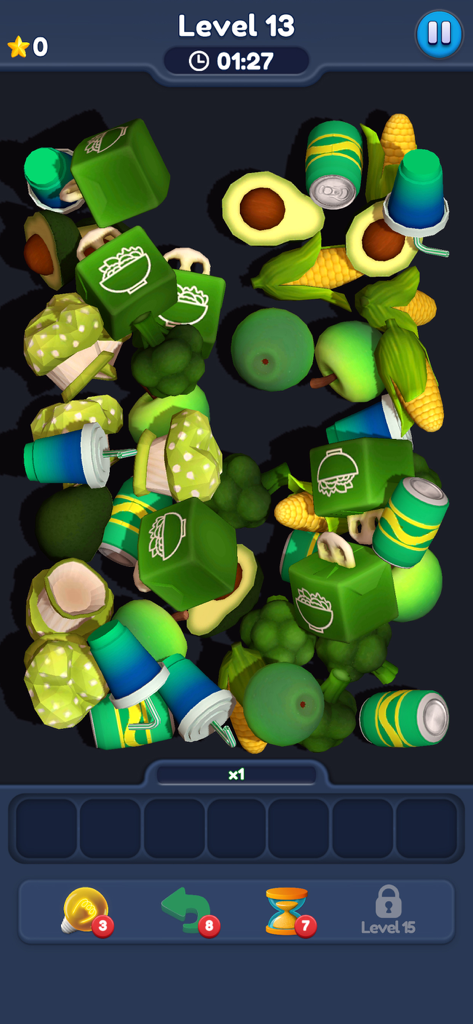 Food Match 3D: Tile Puzzle - Capture d'écran de gameplay de Food Match 3D montrant une pile d'articles de nourriture 3D à associer