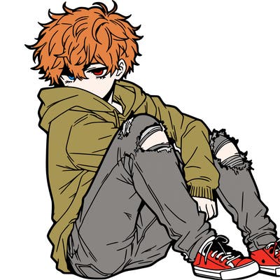 a male hoddie ripped jeans messy hair anime
