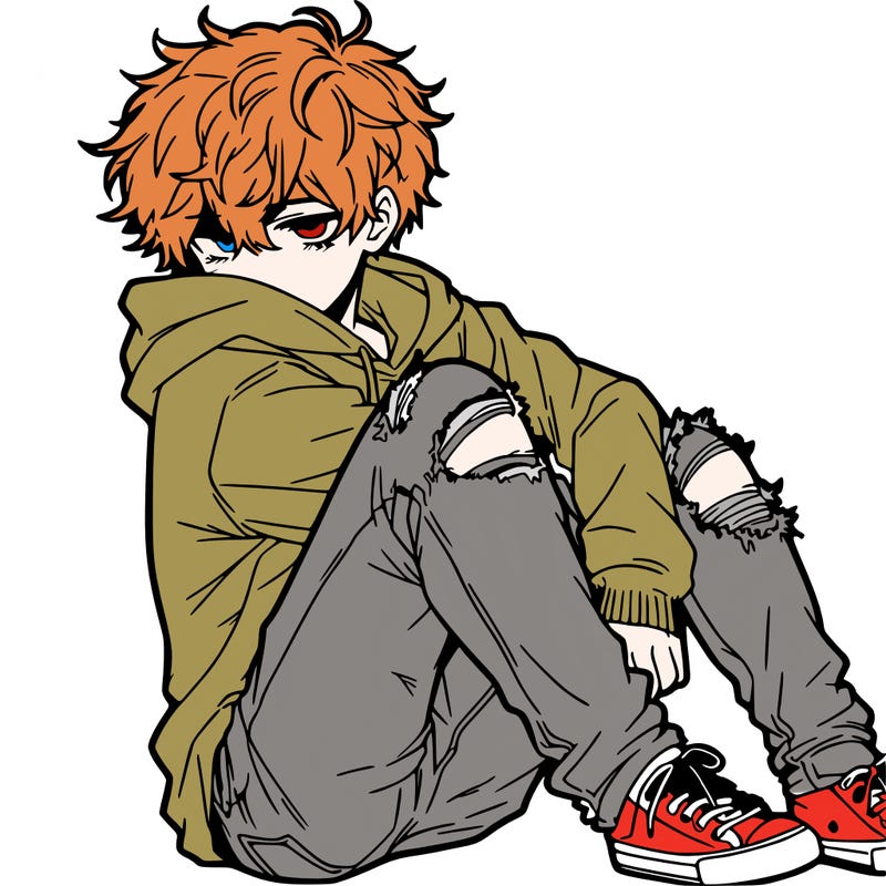 a male hoddie ripped jeans messy hair anime