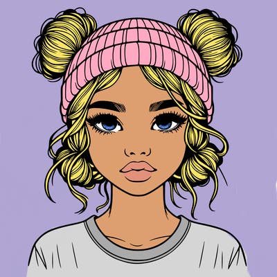 realistic girl with buns in her hair with a beanie on