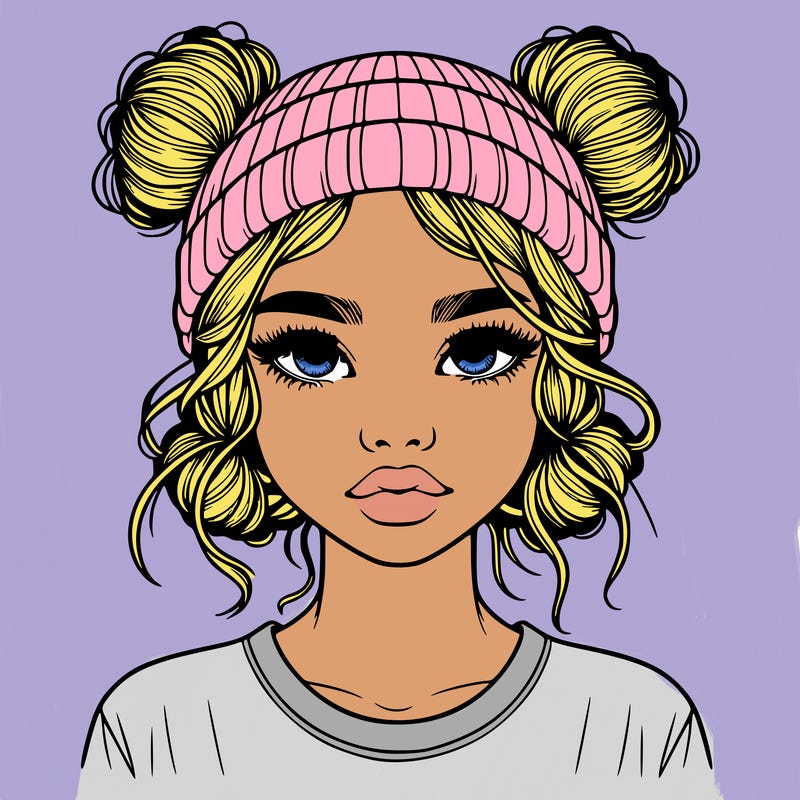 realistic girl with buns in her hair with a beanie on