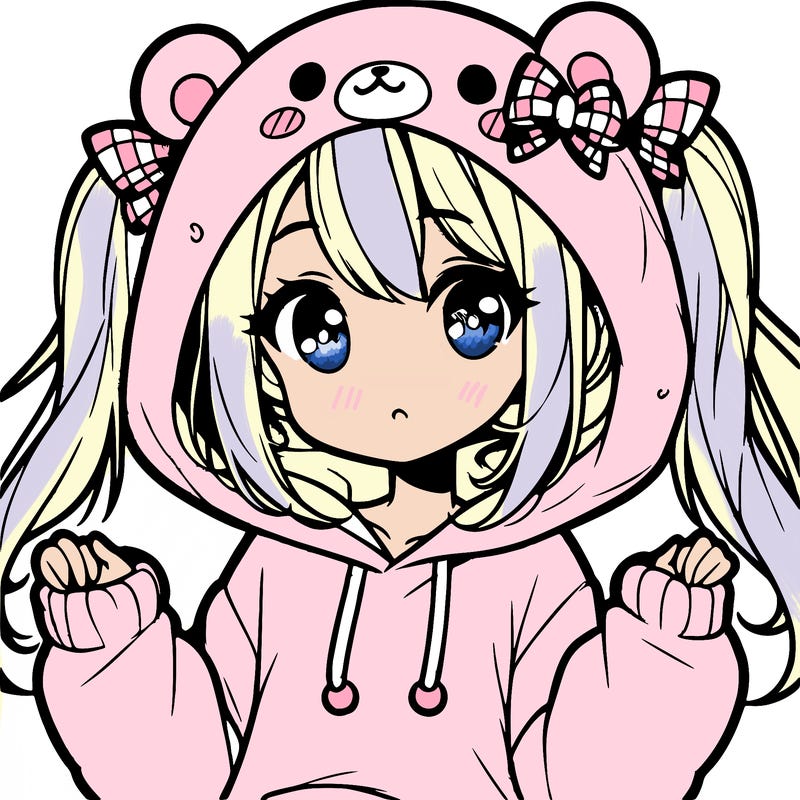 cute anime girl with ponytails and a cute bear hoodie