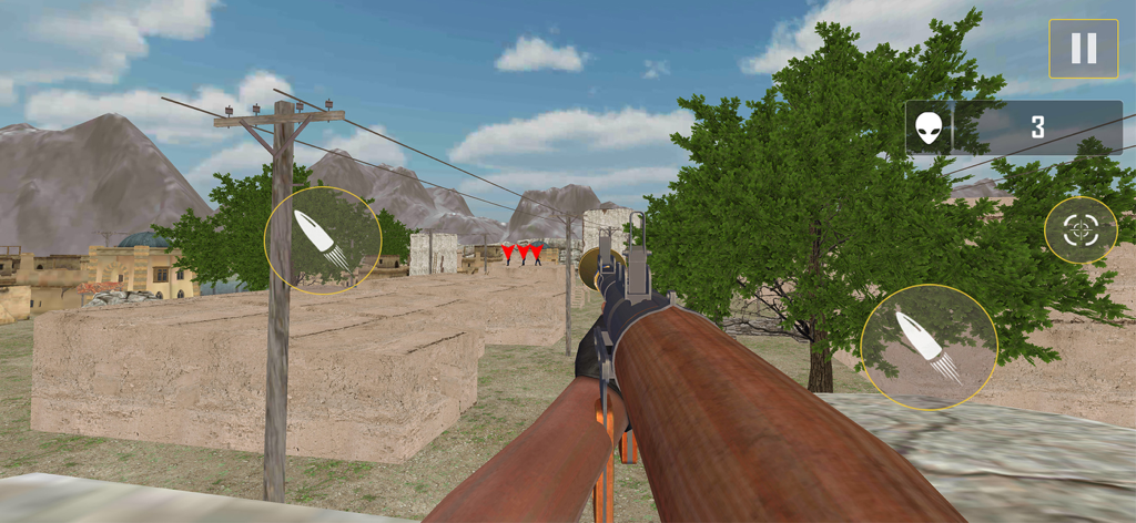 First person view of a commando holding a rifle in a desert town during a mission