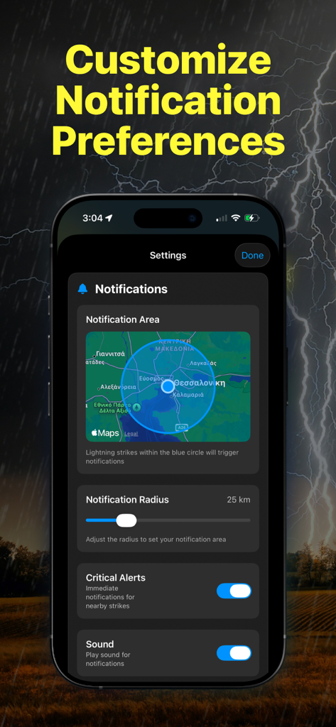 Lightning Tracker & Live Radar - Customizing lightning alert notification preferences and radius in the app