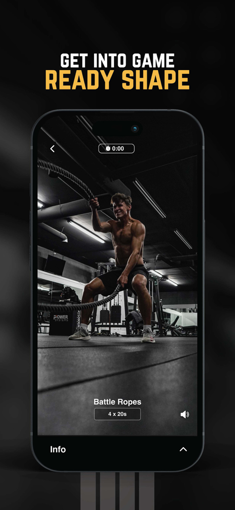 NSP Soccer Training - A male athlete performing battle rope exercises in a gym on the NSP Soccer Training app interface