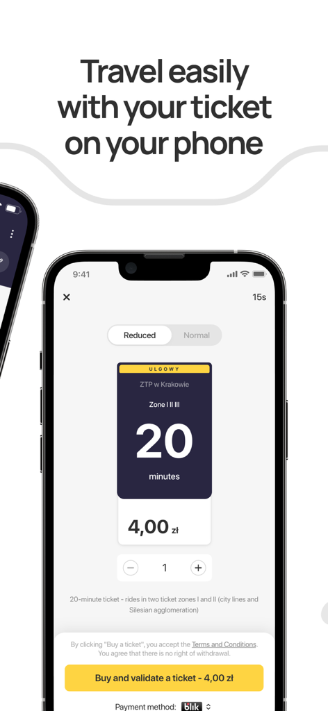 Interface do aplicativo móvel Jakdojade para comprar um bilhete de transporte público em um smartphone.