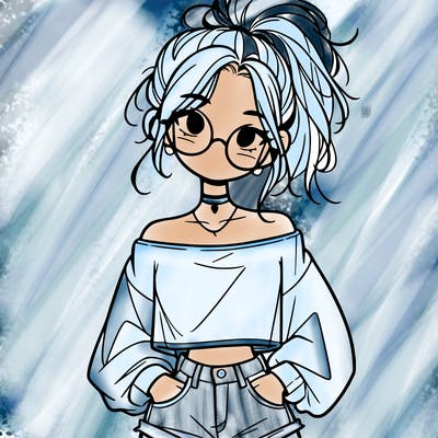 girl with a messy ponytail glasses a baggy crop top and jean shorts