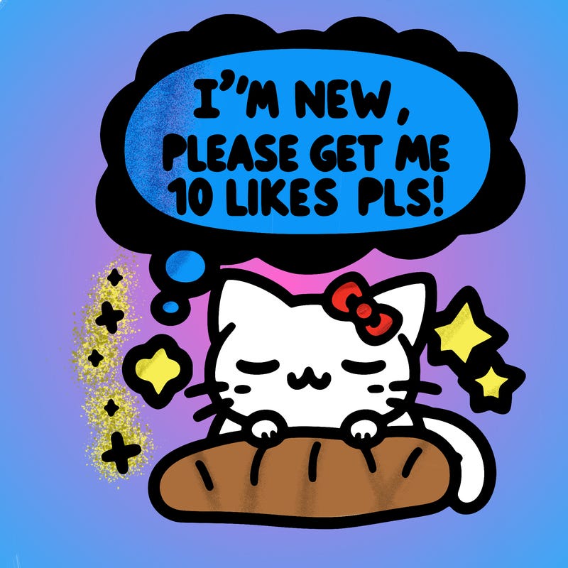 kitty taking a nap dream talking and saying "i'm new, please get me at least 10 likes pls!!"