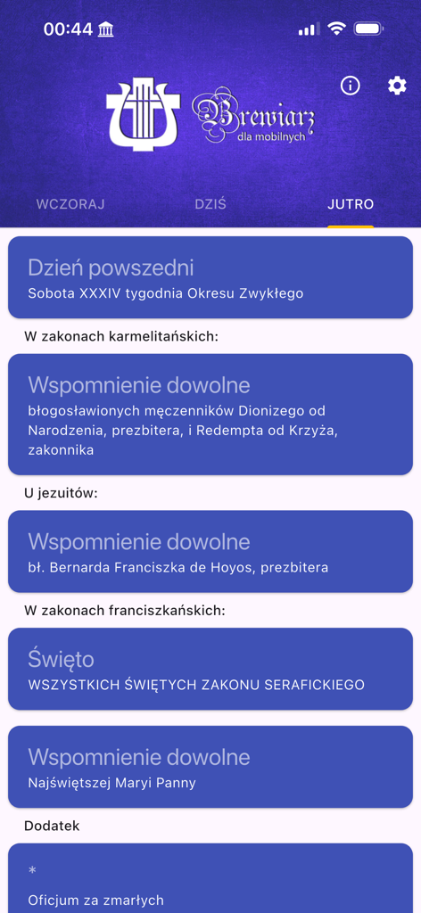 Main menu of the Brewiarz app displaying liturgical prayer options in Polish