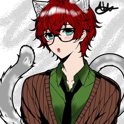 cute hot anime man with cat ears and a cat tail with glasses realistic