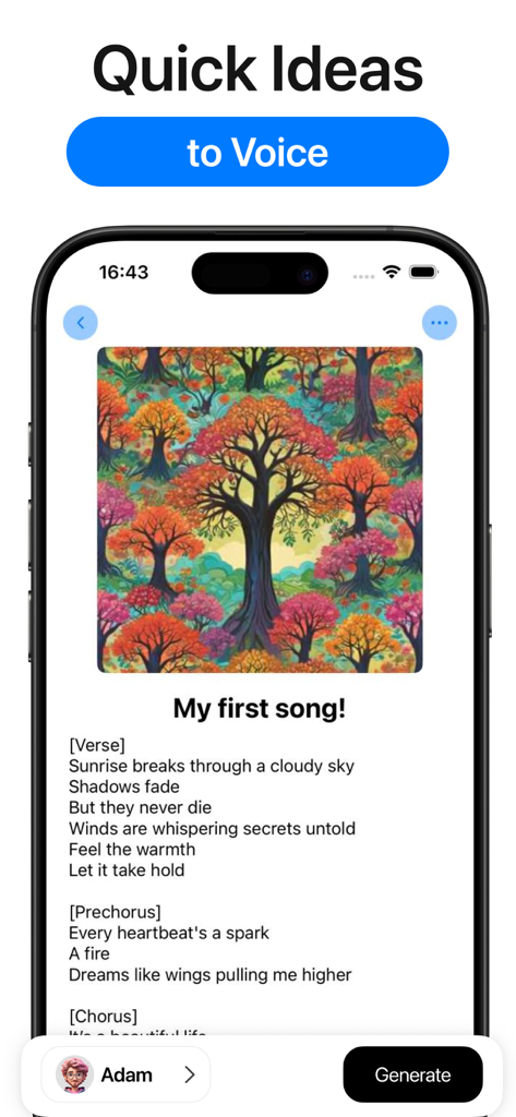 Eleven Labs AI Voice Generator - Mobile app interface showing AI generated song lyrics with a voice selection for Adam and a generate button