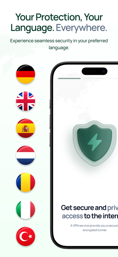 AVIRIS: Mobile Security, VPN - AVIRIS mobile security app screenshot highlighting global language support with international flags and a security shield icon.